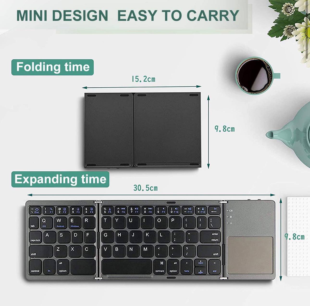 B033 Mini Wireless Keyboard Bluetooth Touchpad Portable Magnetic Triple Folding Keyboard for Windows Android IOS iPad Phone