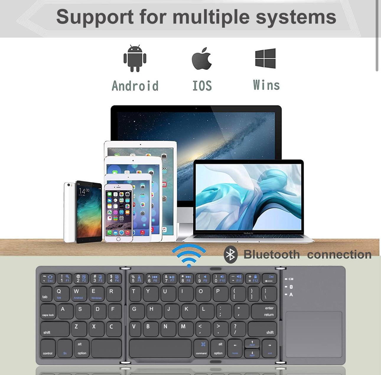 B033 Mini Wireless Keyboard Bluetooth Touchpad Portable Magnetic Triple Folding Keyboard for Windows Android IOS iPad Phone