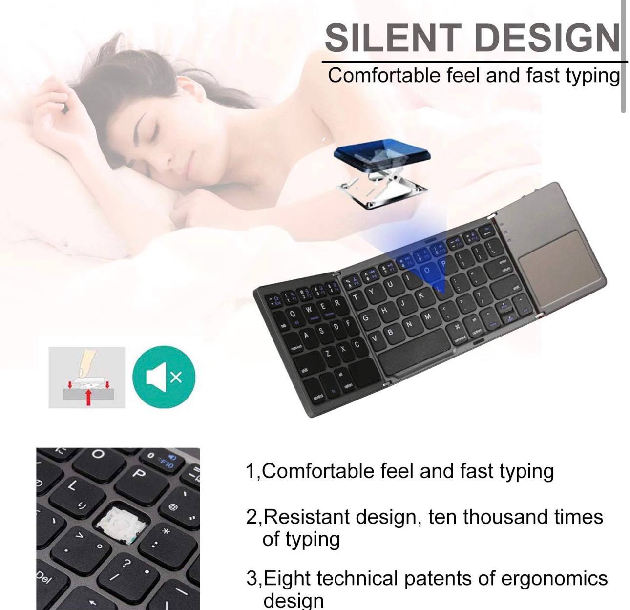 B033 Mini Wireless Keyboard Bluetooth Touchpad Portable Magnetic Triple Folding Keyboard for Windows Android IOS iPad Phone