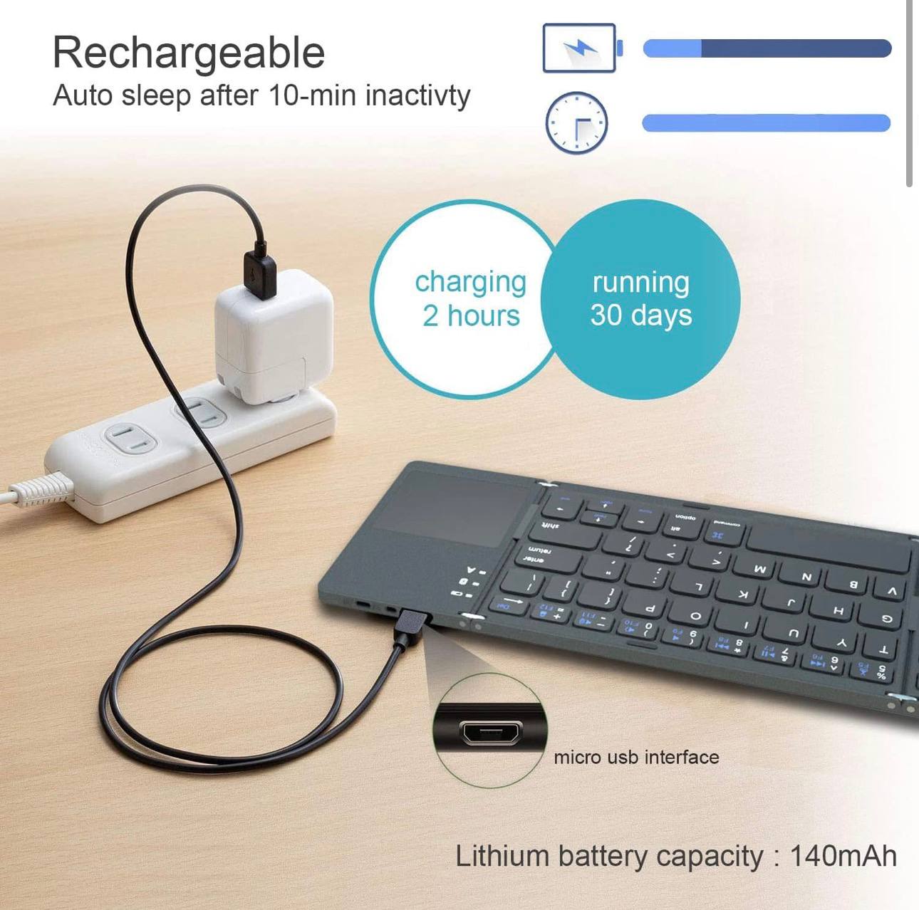 B033 Mini Wireless Keyboard Bluetooth Touchpad Portable Magnetic Triple Folding Keyboard for Windows Android IOS iPad Phone