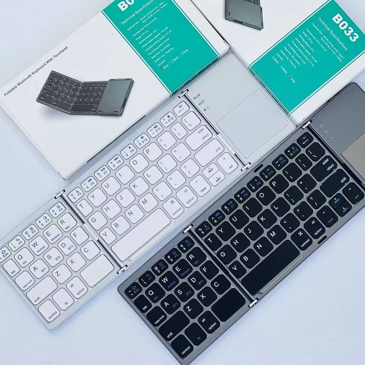 B033 Mini Wireless Keyboard Bluetooth Touchpad Portable Magnetic Triple Folding Keyboard for Windows Android IOS iPad Phone